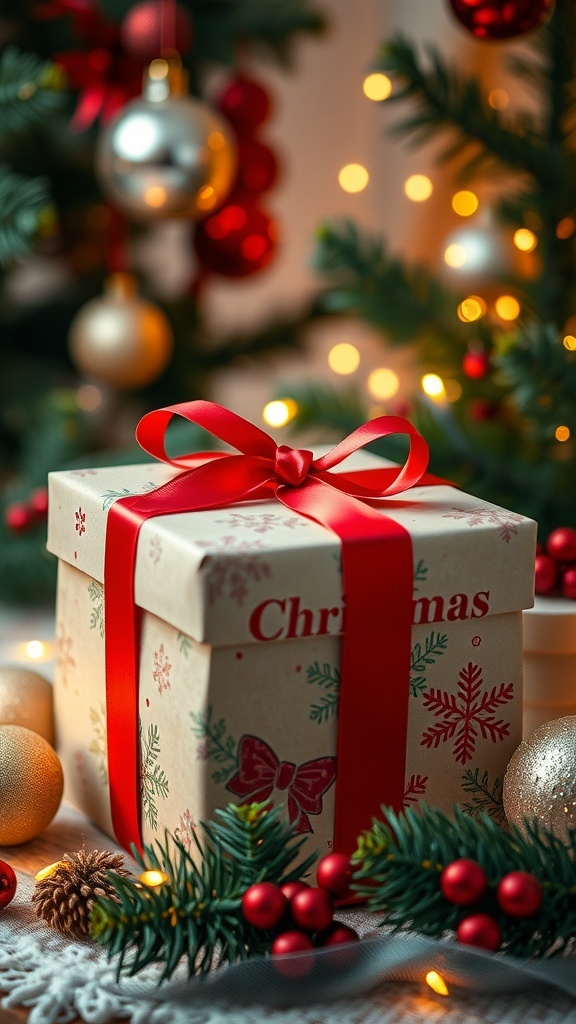 A wrapped Christmas gift box with a ribbon, surrounded by holiday decorations.